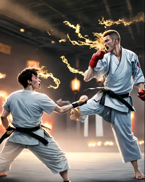 Karate fighter performing blows releasing energy