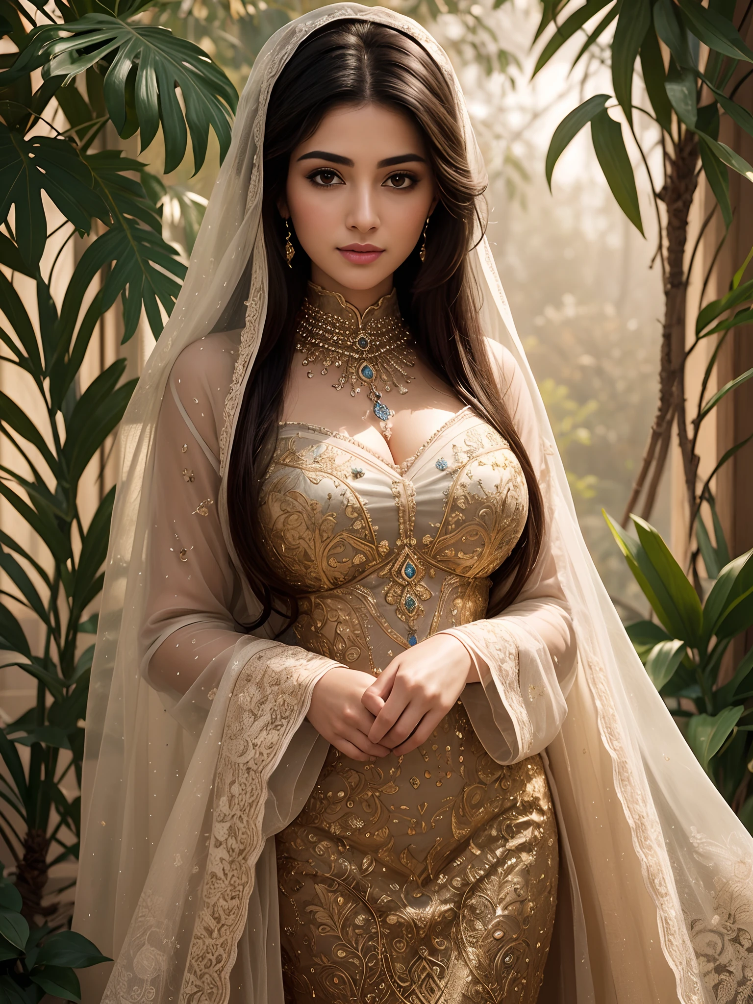 Cute, gorgeous, busty Saudi mom, (best quality, 4k, highres, masterpiece:1.2), ultra-detailed, (realistic:1.37)
  
In this beautiful portrait, a cute, gorgeous, busty Saudi mom takes center stage. Her stunning features are highlighted by her beautiful, mesmerizing eyes and luscious lips. Every detail of her face is carefully captured, from the delicate lines around her eyes to the plumpness of her lips. 

The artwork is created using a combination of traditional medium and digital illustration, resulting in a breathtaking mix of artistry and technology. The texture of the canvas and the intricate strokes of the brush create a visually striking effect. 

Surrounding the Saudi mom, the background depicts a peaceful and serene garden, with vibrant flowers and lush greenery. The sunlight softly filters through the trees, casting a warm glow on her face. The artist skillfully captures this lighting, enhancing the realistic and photorealistic quality of the artwork.

The color palette is carefully chosen to complement the Saudi mom's radiant beauty. Soft pastel tones dominate the scene, creating a delicate and feminine atmosphere. The colors blend seamlessly, adding depth and dimension to the composition.

The emphasis on high image quality ensures every detail is crisp and clear. The artwork is presented in 4k resolution, allowing viewers to appreciate the intricate details and fine textures. The use of studio lighting techniques further enhances the realistic portrayal of the Saudi mom, creating a sense of depth and three-dimensionality.

This masterpiece showcases the talent and skill of the artist. With extreme detail descriptions and a focus on realism, the artwork comes to life, capturing the essence of the gorgeous Saudi mom. This stunning portrait is sure to captivate viewers with its vivid colors, sharp focus, and impeccable craftsmanship.