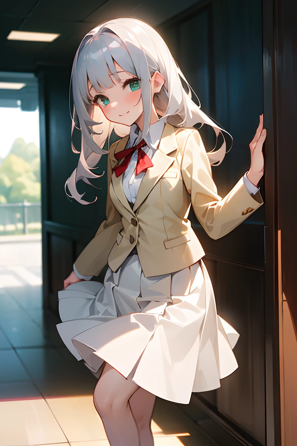 Anime girl in a school uniform leaning against a wall - SeaArt AI