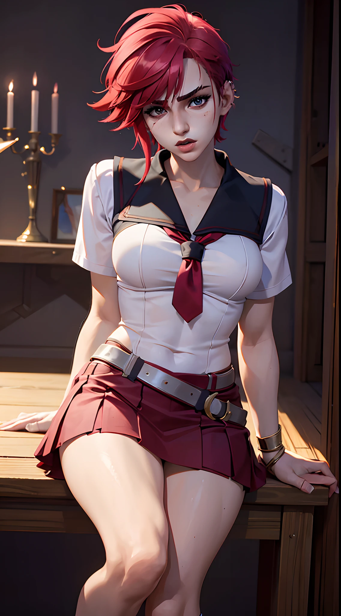 (masterpiece, best quality, shiny skin), vi from arcane, vi, red hair, short hair (sailor uniform, miniskirt), (sitting, close up, sharp eyes, perfect face and body), (smooth skin),(perfect anatomy, correct proportions)