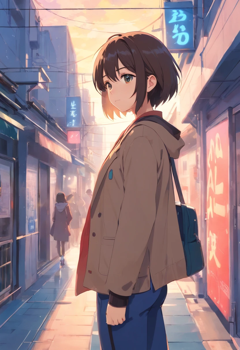 Anime girl in a brown jacket standing on a city street - SeaArt AI