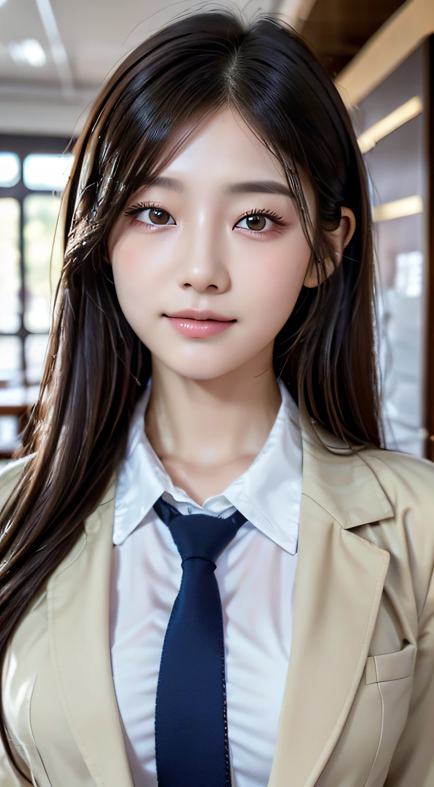 8K RAW photo，high resolucion;，21-year-old Korean high school girl，big round breasts，school uniformss，Tie，tie ribbon，Ivory Blazer Jacket，Superskirt，beautiful eyes in detail，long eyeslashes，beautiful double eyelids，eyeshadows，Slit eye，sanpaku eyes，heavy eye makeup，EvilSmile，beautiful thin legs，high ponytail，school classroom, Ultra-fine face, Fair eyes, Double eyelidd,Ultra detail face,Detail Lip,Detail Hair,Detail Eyebrows,Detail: finger, Detail, line of sight,Realistis,a photo of,delicate detail,