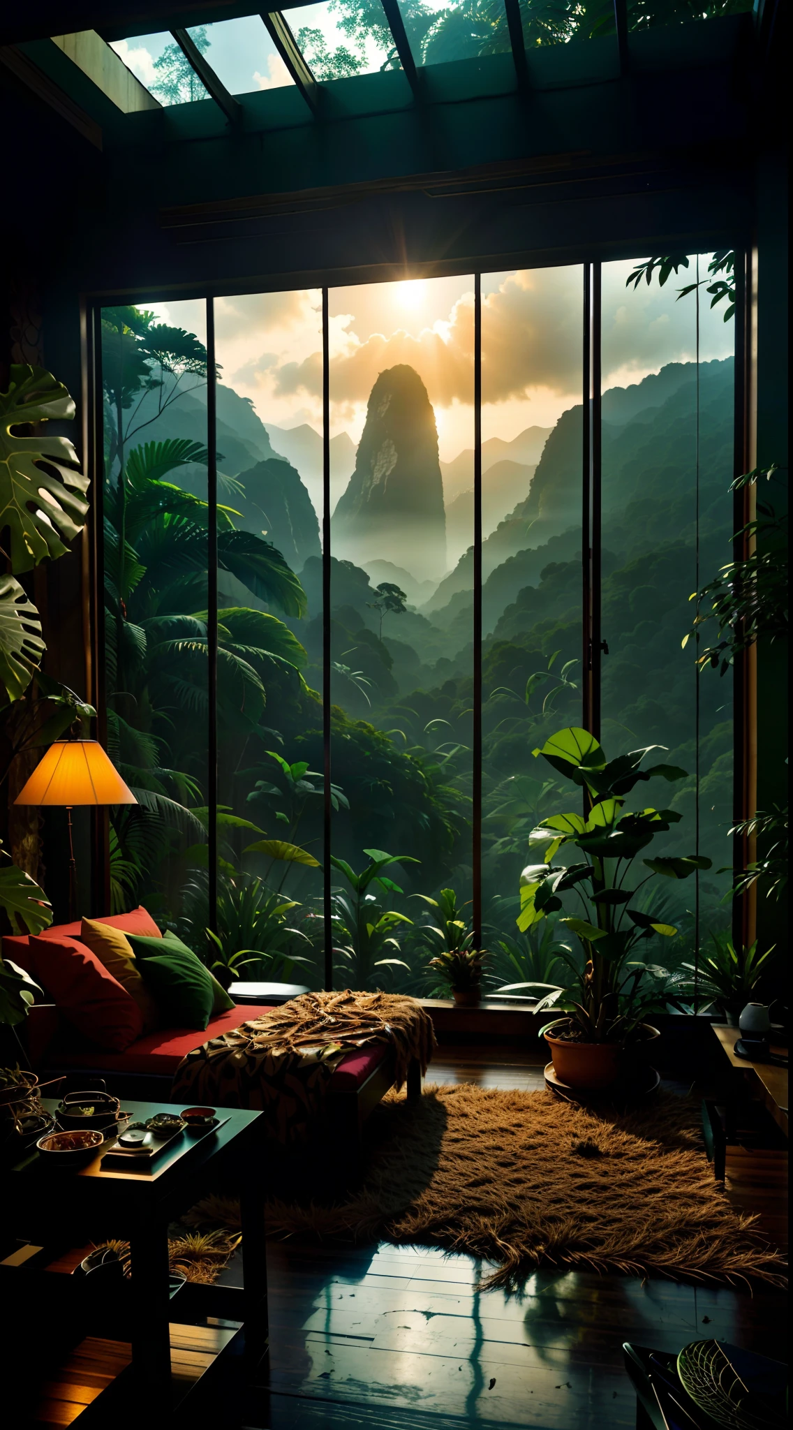 Wohnzimmer mit Blick auf einen Berg und einen Wald, mountainous Dschungel-Kulisse, Dschungel-Kulisse, Wie eine Szene aus Blade Runner, magisches Ambiente, ultrarealistische dunkle Malerei, in einer Dschungelumgebung, Angenehme Umgebung, wolkenwald, wunderschöner Dschungel, stimmungsvolle Umgebung, Üppiger Dschungel, In einem außerirdischen Dschungel, Pflanzen und Dschungel, Regenwaldberge, entspannende Umgebung