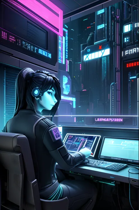 ((best quality)), ((masterpiece)), (highly detailed:1.3), 3d, beautiful (cyberpunk:1.3) female hacker with thick voluminous hair...