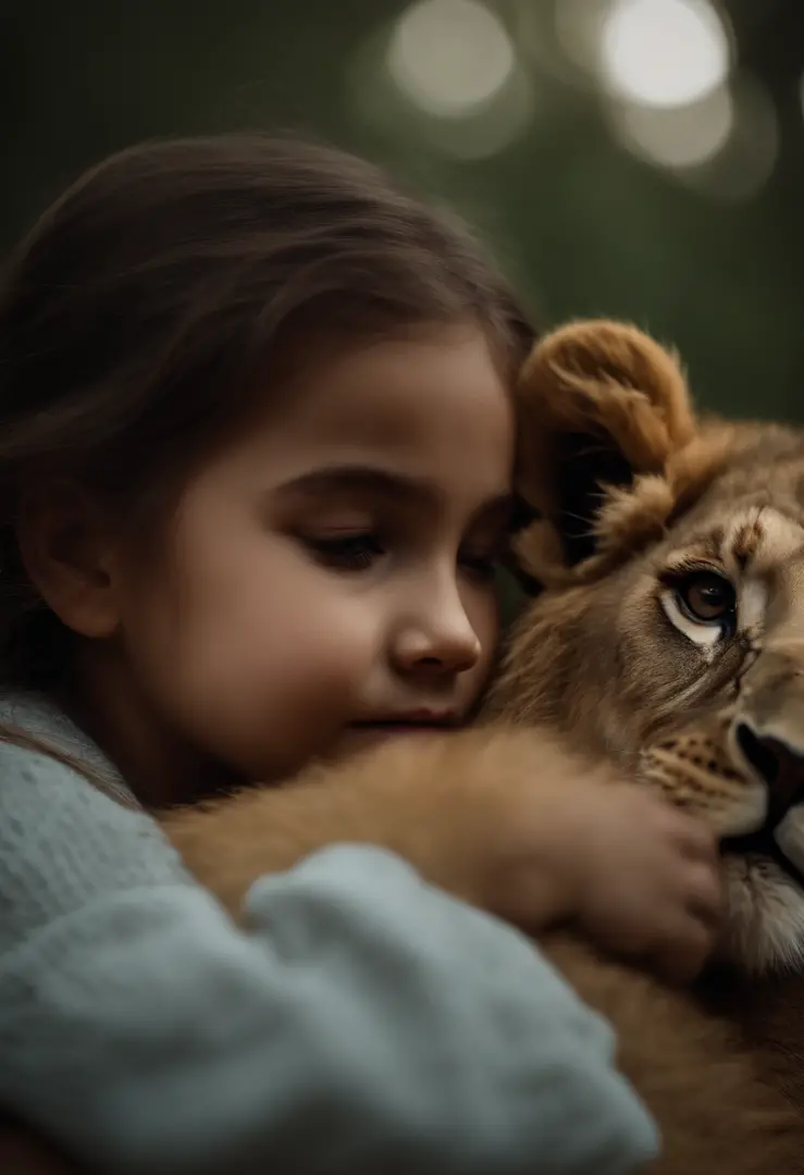 A little girl cuddled with a lion