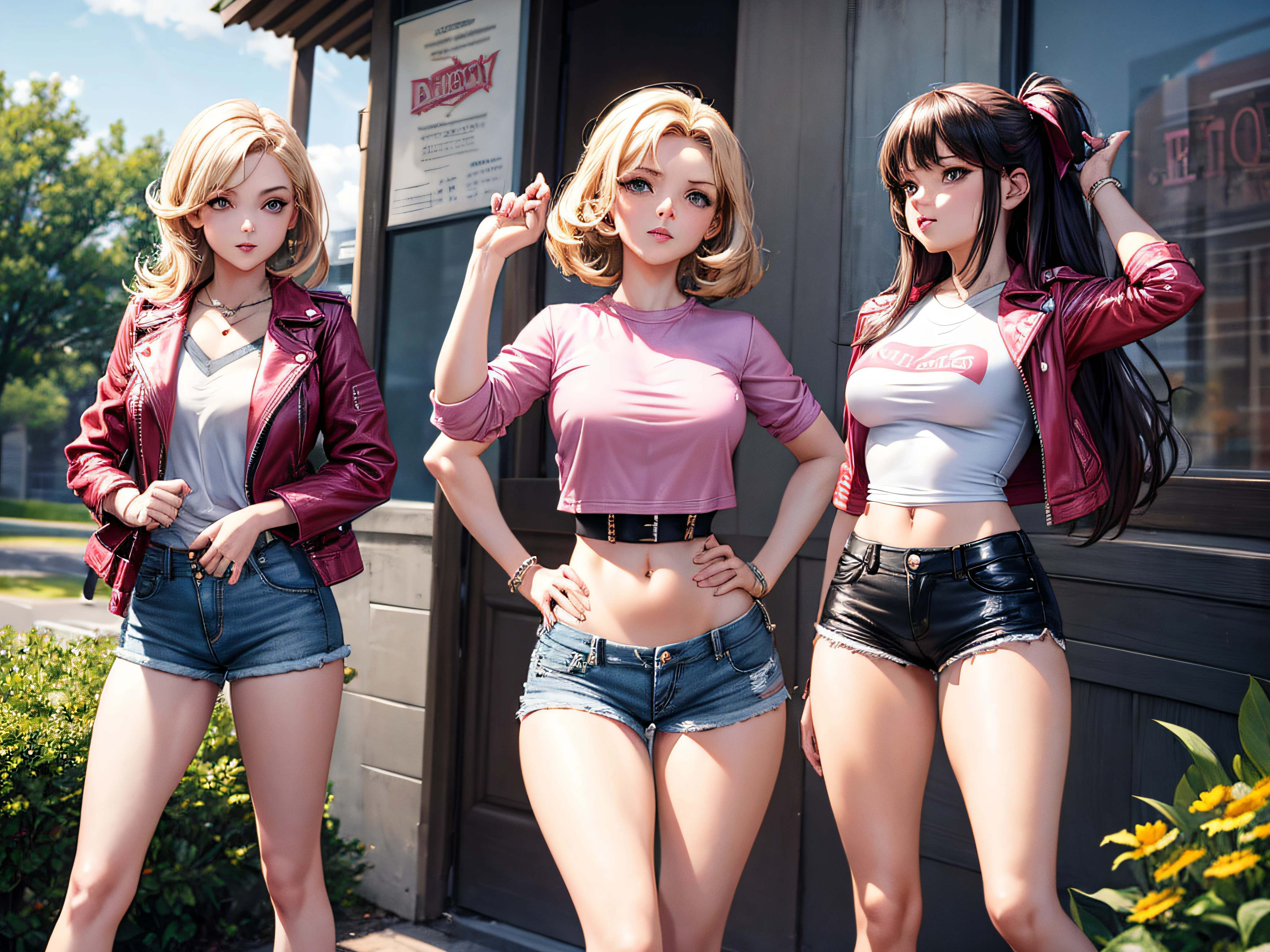 Three women in short shorts and a pink shirt are posing for a picture -  SeaArt AI