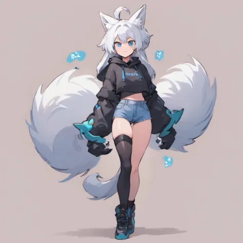 male, Short, has Long white hair, has wolf ears, has wolf tail, has blue eyes, wearing denim short shorts, thigh high fishnets, black combat boots, wearing cropped black hoodie, flat chest, super flat chest, solo femboy, only one femboy ((FLAT CHEST)) (ALO...