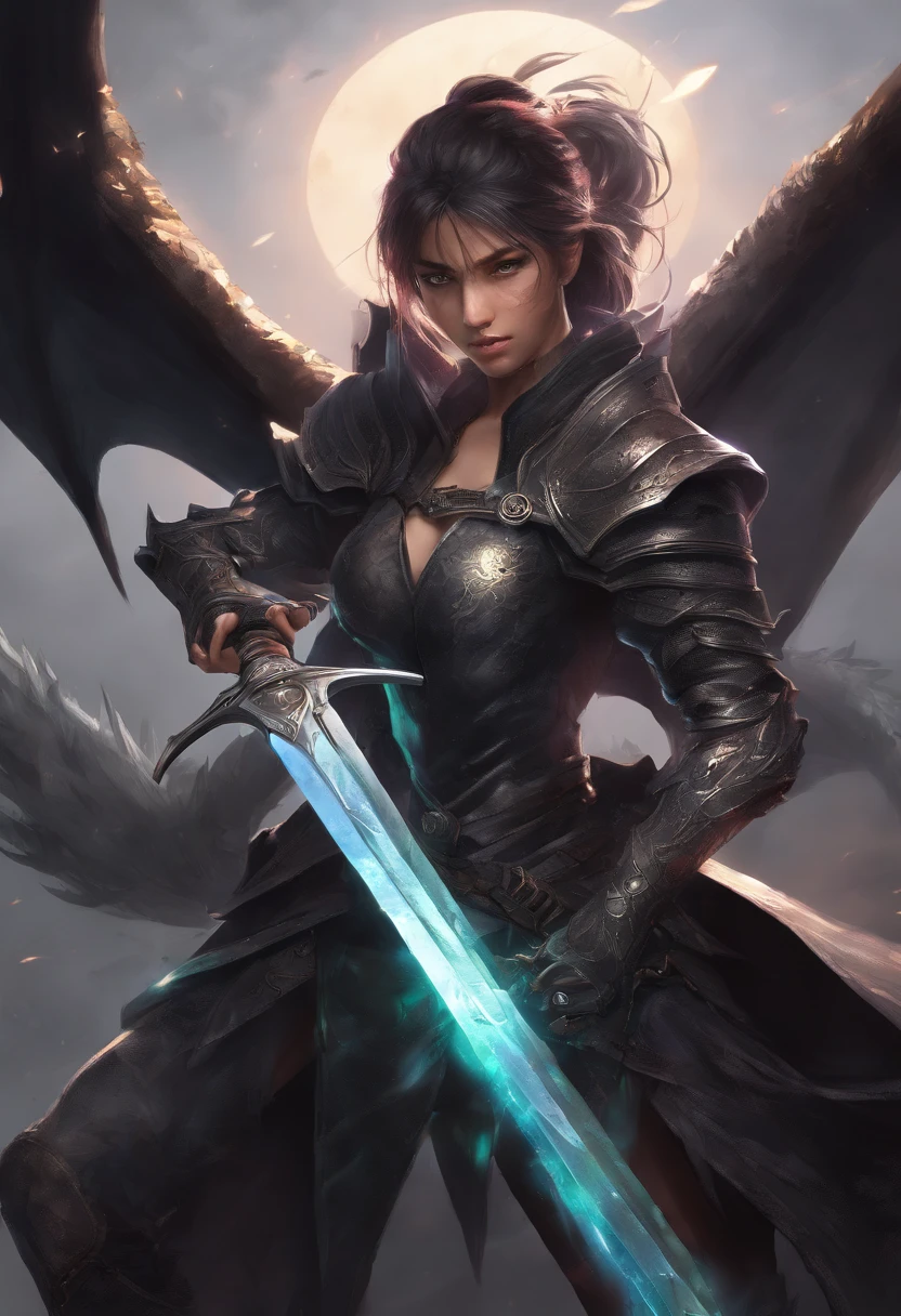 14 year old girl dragon slayer with long sword, black clothes, slim body, perfect body, sexy, (casting magic:1.4), fighting a drgaon, highly detailed, 8k, realistic Full HD, best quality, cinematic lighting, volumetric lighting