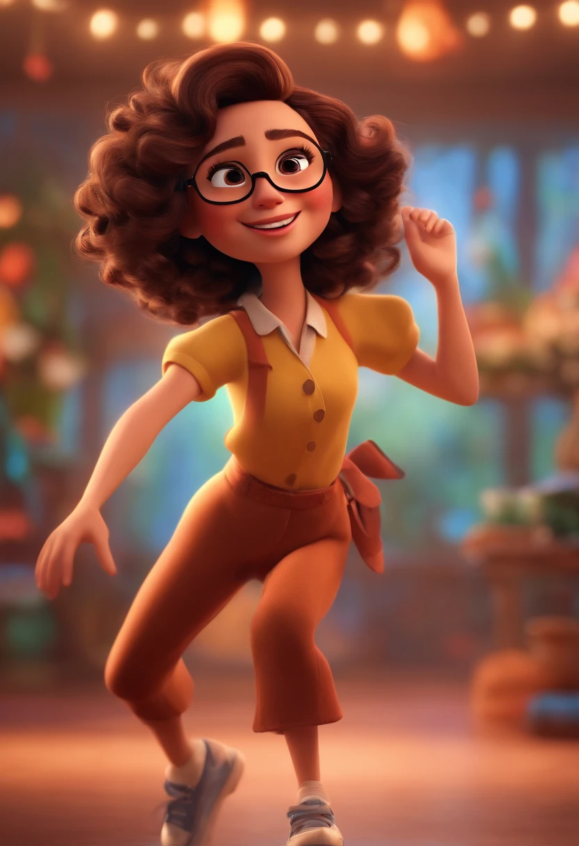 皮克斯 style image with 3D character glasses white brunette woman short curly hair dancing, Maquiagem 迪士尼,渔夫, 可爱的, 微笑着 ,特写, 皮克斯, 迪士尼, 影院灯光,