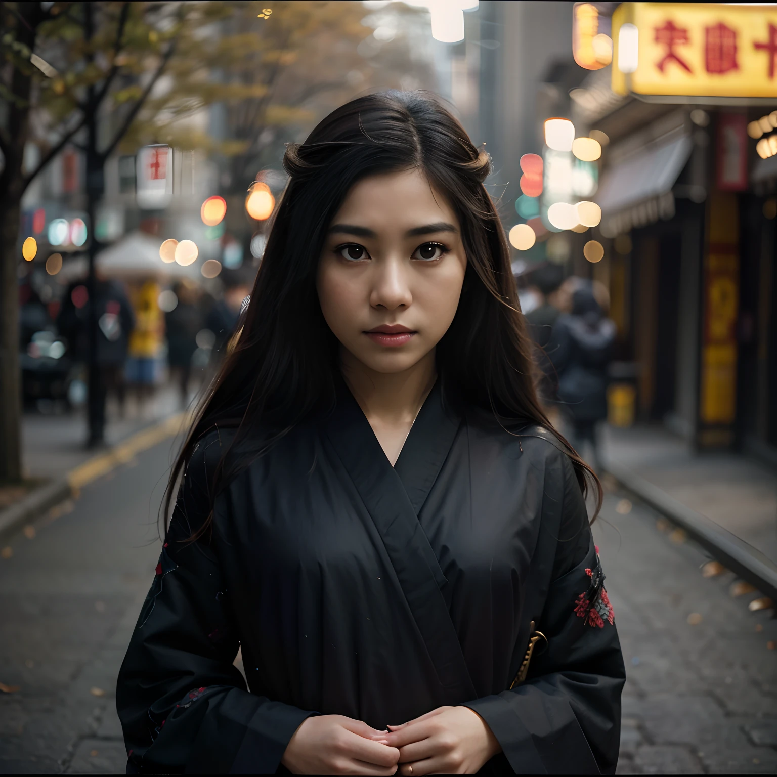 Realistic portrait, Official Art, Unity 8k wallpaper, super detailed, beautiful, beautiful Asian girl, focused on detailed face, has a little to no darkspots, wearing black clothing, facing camera and looking at camera, 3/4 angle, masterpiece, best quality, dark, atmospheric, mystical, romantic, creepy, literature, art, fashion, show era, decoration, intricacies, fur products, lace, contemplation, emotional depth, supernatural, kimono 1girl, solo, neck, bust composition, Realistic, bokeh, lens_flare,Natural light,portrait,Grey Film filter,(KODAK Ektar 100:1.2)