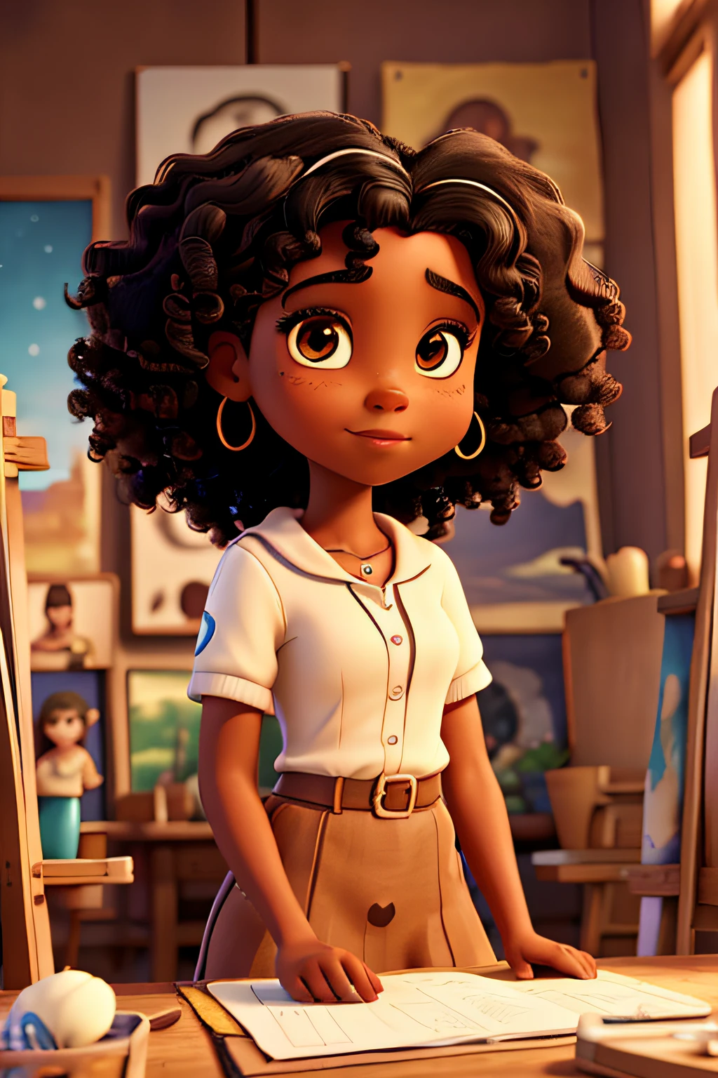 Capa de filme estilo Disney, uma garota negra com olhos castanhos, pele escura e cabelos cacheados que trabalha pintando quadros e um estúdio de arte ao fundo