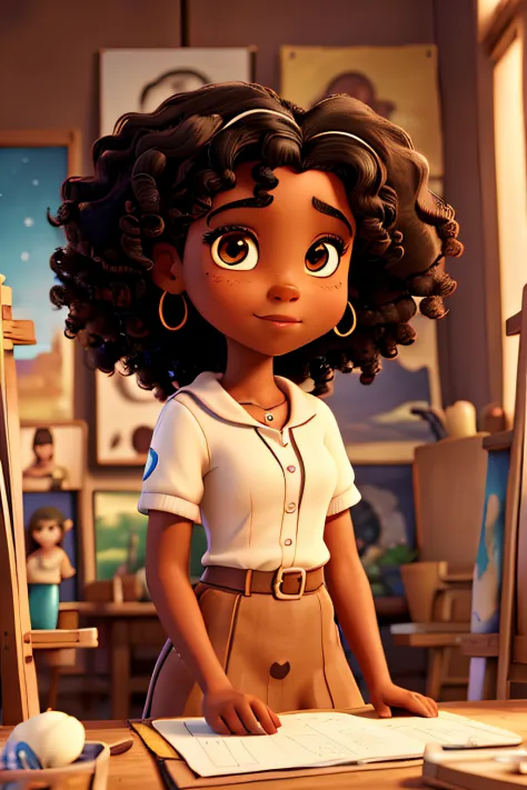 Disney-style film cover, a black girl with brown eyes, dark skin and curly hair who works painting pictures and an art studio in the background