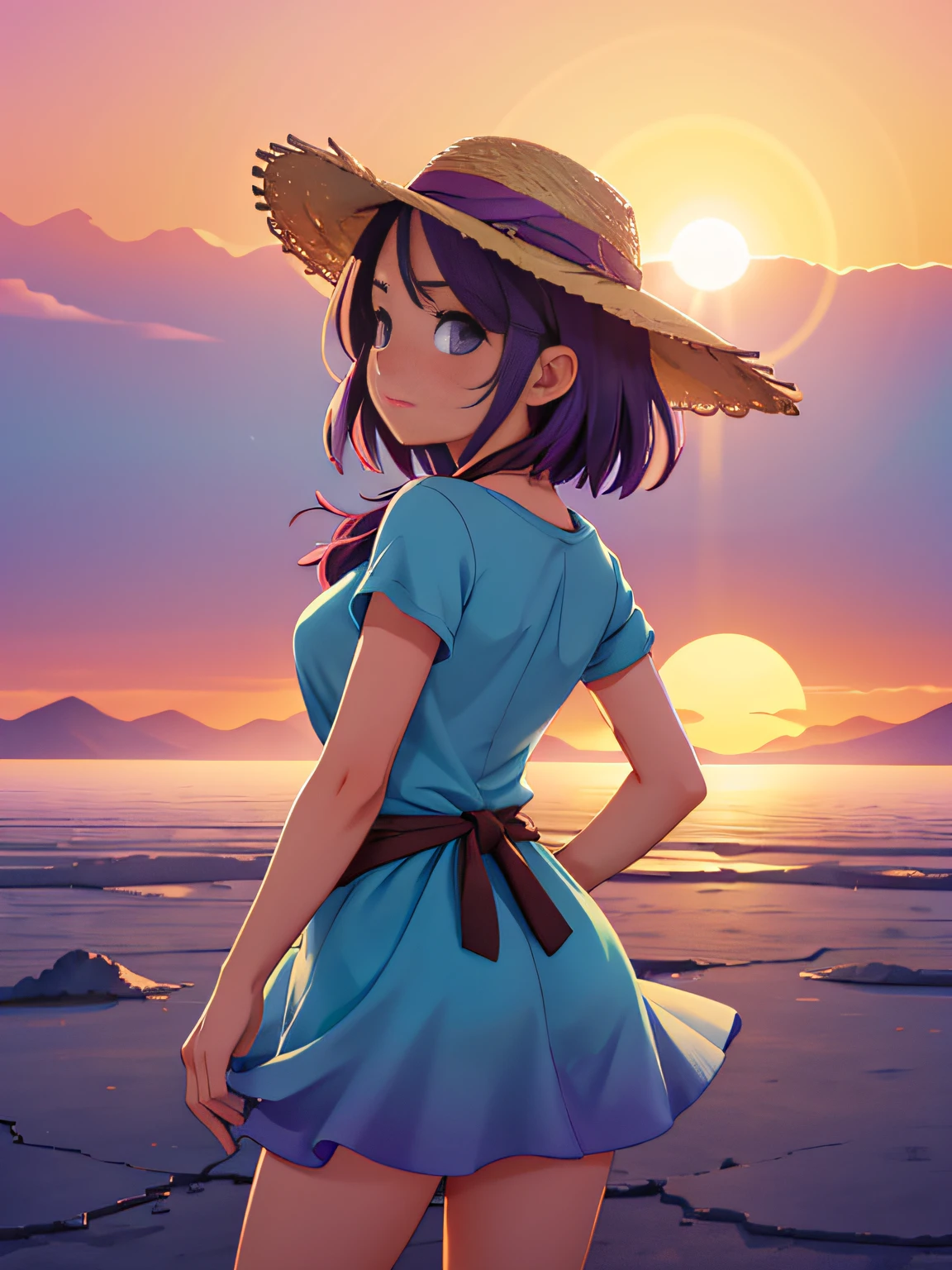 1girl, master part, extremely detaild, (Beautiful Detailed Brightness), Lens flare, white  hair, short hair, floating hair, Looking back, Back to Back, sorrido, blue colored eyes, white gown, medium breasts, upperbody, wide wide shot, straw hat, ((Salar de Uyuni)), rise sun, nube, Backlighting, Purple sky, yellow sky, Gradient sky, hands on hat