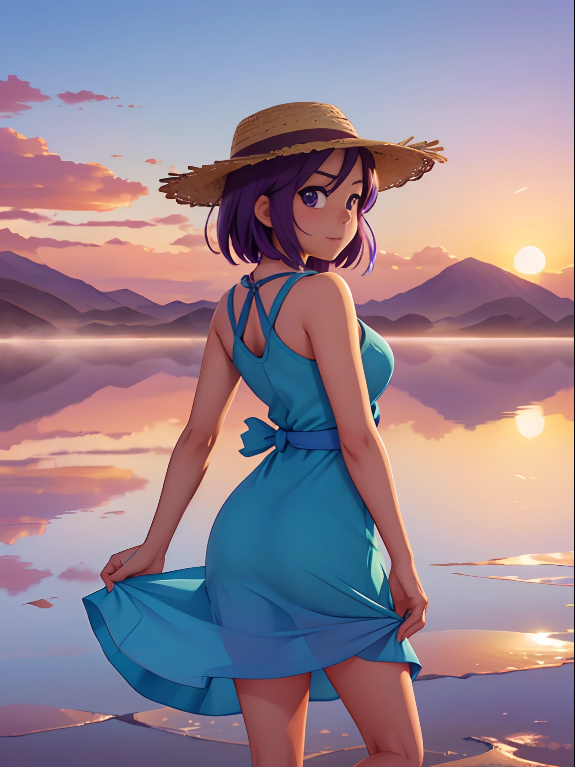 1girl, master part, extremely detaild, (Beautiful Detailed Brightness), Lens flare, white  hair, short hair, floating hair, Looking back, Back to Back, sorrido, blue colored eyes, white gown, medium breasts, upperbody, wide wide shot, straw hat, ((Salar de Uyuni)), rise sun, nube, Backlighting, Purple sky, yellow sky, Gradient sky, hands on hat