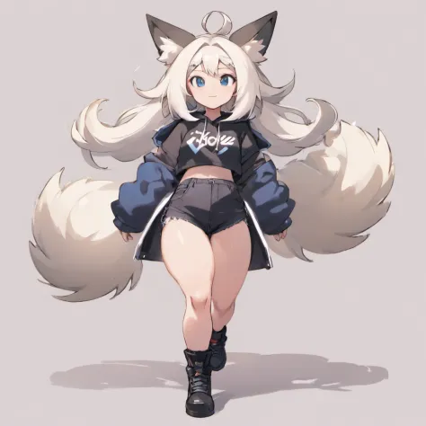 male, has Long white hair, has wolf ears, has wolf tail, has blue eyes, wearing denim short shorts, thigh high fishnets, black combat boots, wearing cropped black hoodie, flat chest, super flat chest, solo femboy, only one femboy ((FLAT CHEST)) (ALONE)(SOL...