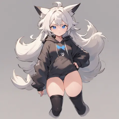 male, has Long white hair, has wolf ears, has wolf tail, has blue eyes, wearing denim short shorts, thigh high fishnets, black combat boots, wearing cropped black hoodie, flat chest, super flat chest, solo femboy, only one femboy ((FLAT CHEST)) (ALONE)(SOL...