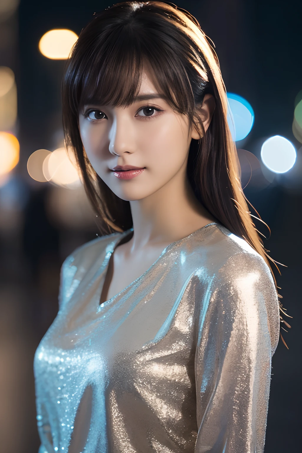 1girl in, (Wear a platinum blouse:1.2), (Raw photo, Best Quality), (Realistic, Photorealsitic:1.4), masutepiece, Extremely delicate and beautiful, Extremely detailed, 2k wallpaper, amazing, finely detail, the Extremely Detailed CG Unity 8K Wallpapers, Ultra-detailed, hight resolution, Soft light, Beautiful detailed girl, extremely detailed eye and face, beautiful detailed nose, Beautiful detailed eyes, Cinematic lighting, city light at night, Perfect Anatomy, Slender body, Taut, 
Straight semi-long hair, Bangs, Looking at Viewer, A slight smil