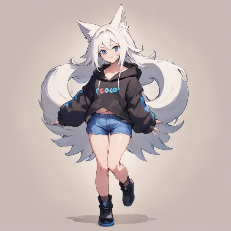 male, tall, has Long white hair, has wolf ears, has wolf tail, has blue eyes, wearing denim short shorts, thigh high fishnets, black combat boots, wearing cropped black hoodie, flat chest, super flat chest, solo femboy, only one femboy ((FLAT CHEST)) (ALON...