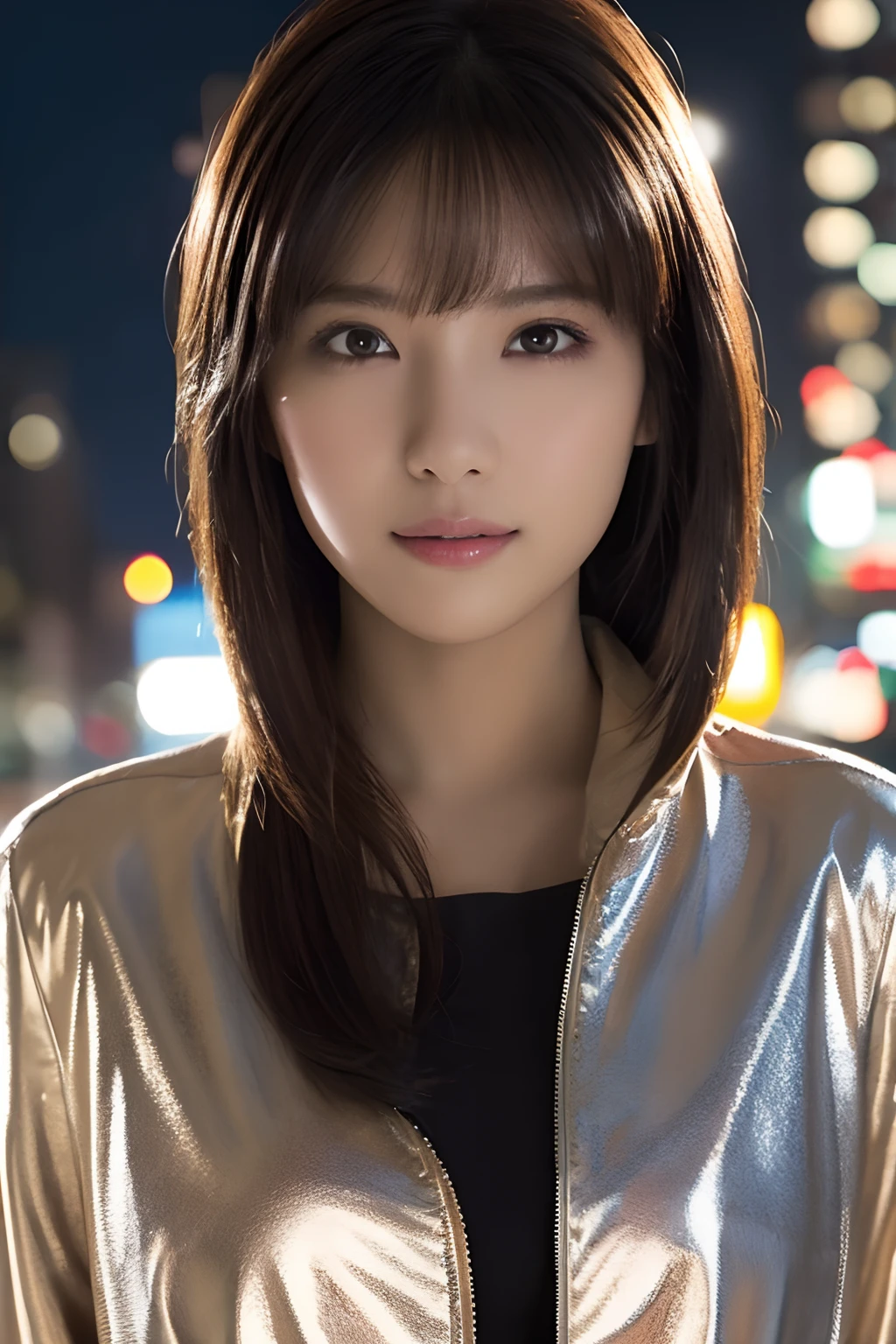 1girl in, (Wear a platinum jacket:1.2), (Raw photo, Best Quality), (Realistic, Photorealsitic:1.4), masutepiece, Extremely delicate and beautiful, Extremely detailed, 2k wallpaper, amazing, finely detail, the Extremely Detailed CG Unity 8K Wallpapers, Ultra-detailed, hight resolution, Soft light, Beautiful detailed girl, extremely detailed eye and face, beautiful detailed nose, Beautiful detailed eyes, Cinematic lighting, city light at night, Perfect Anatomy, Slender body, Taut, 
Straight semi-long hair, Bangs, Looking at Viewer, A slight smil