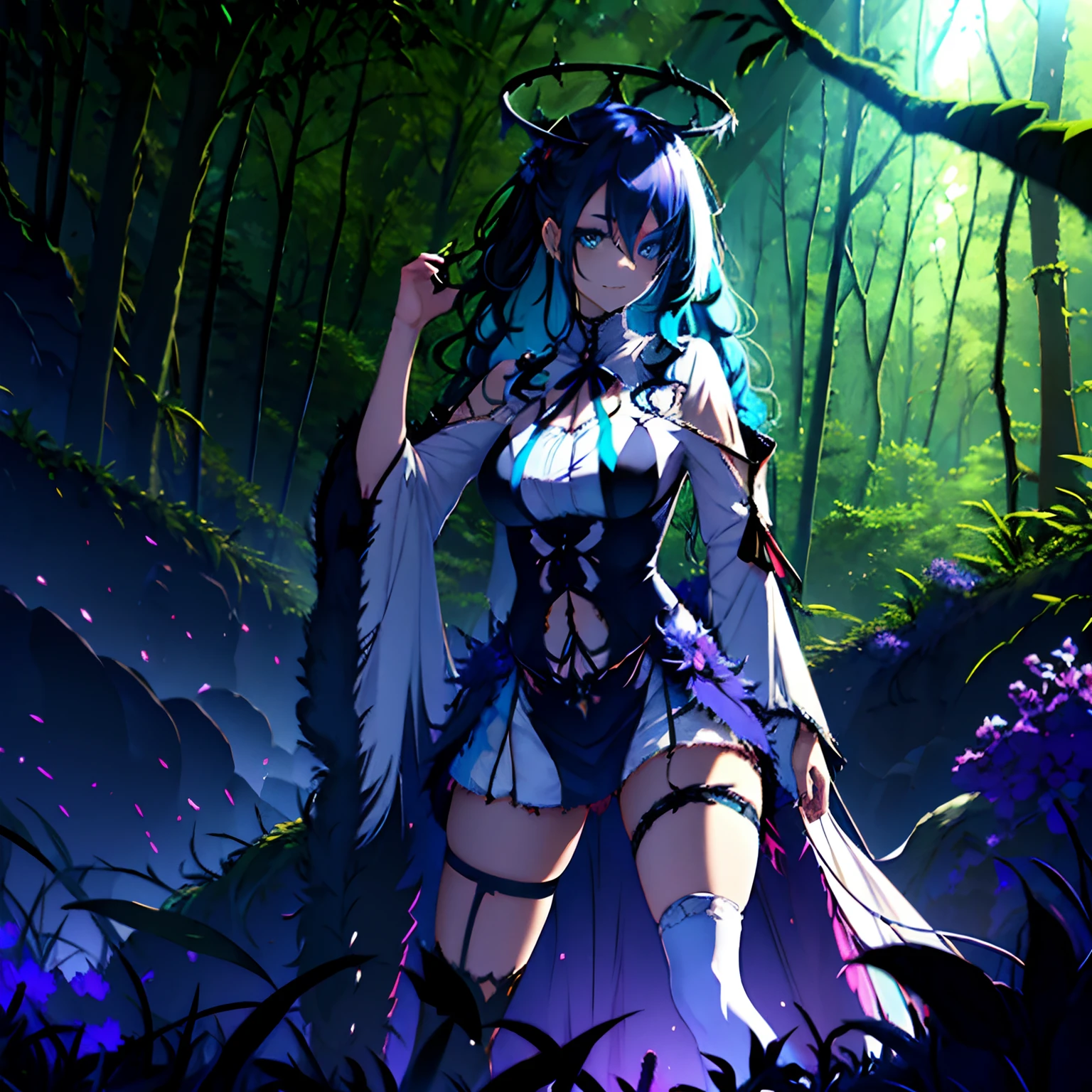 1 girl, solo, Ceres_Fauna, aberrant colours, tattered and torn clothing, torn white stockings, cool legwear, blue and violet hair, hair between eyes, black halo above head, long curly hair with black tips, blue eyes, evil aura, light smile, alien-like woods in background