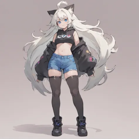 male, tall, has Long white hair, has wolf ears, has wolf tail, has blue eyes, wearing denim short shorts, thigh high fishnets, black combat boots, wearing cropped black hoodie, flat chest, super flat chest, solo femboy, only one femboy ((FLAT CHEST)) (ALON...