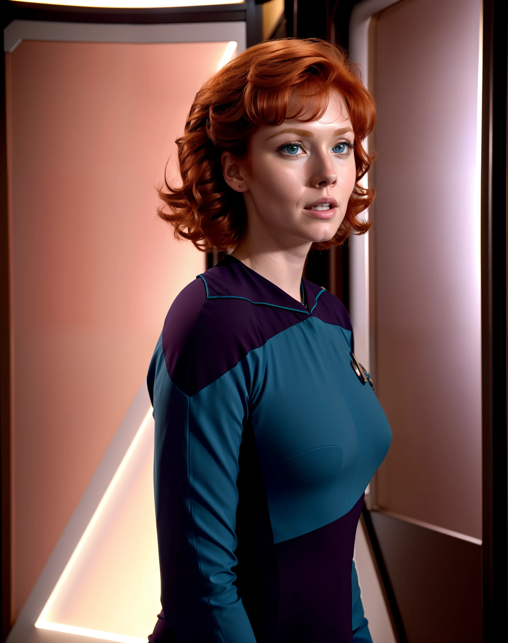 一名身穿蓝色 Trekngs1 服装的红发女子在企业医疗舱, 8K 超高清, 数码单反相机, 柔和的灯光, 高质量, 胶片颗粒,杰作品质,富士 XT3