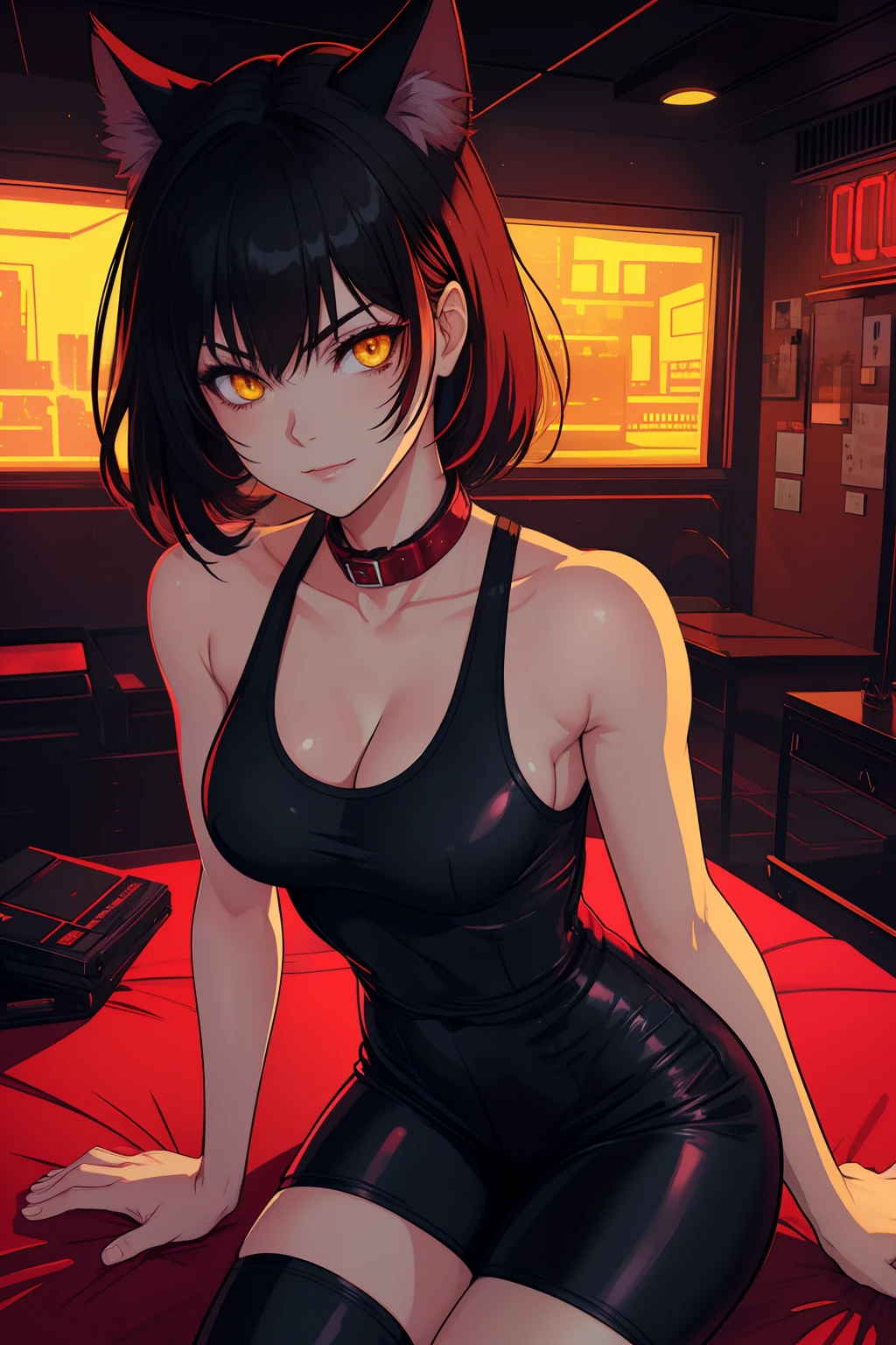(((Portrait))), (NSFW, slim body), (best quality, 4k, 8k, high-res, ultra-detailed, anime style, paste, warm), catgirl, black hair, yellow glowing eyes, looking at viewer, smug, slightly smiling, goth makeup, collar, synthwave interior,l, vaporwave interior, red lightning, red interior aesthetic, red light, dark red lights, black tank top, black leggings