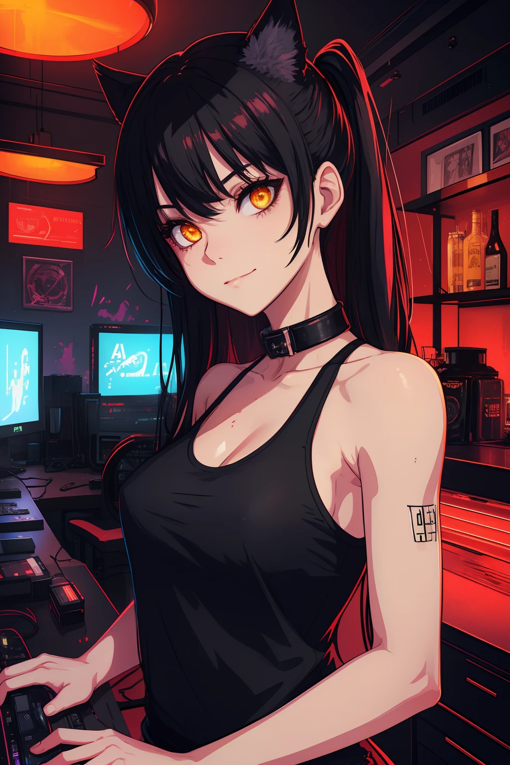 (((Portrait))), (NSFW, slim body), (best quality, 4k, 8k, high-res, ultra-detailed, anime style, paste, warm), catgirl, black hair, yellow glowing eyes, looking at viewer, smug, slightly smiling, goth makeup, collar, synthwave interior,l, vaporwave interior, red lightning, red interior aesthetic, red light, dark red lights, black tank top, black leggings, cyberpunk apartment