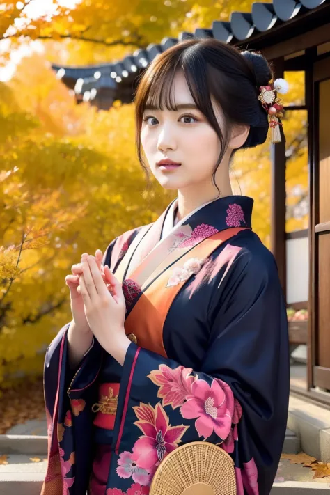 kimono　girl with　shrines　worship　autumnal