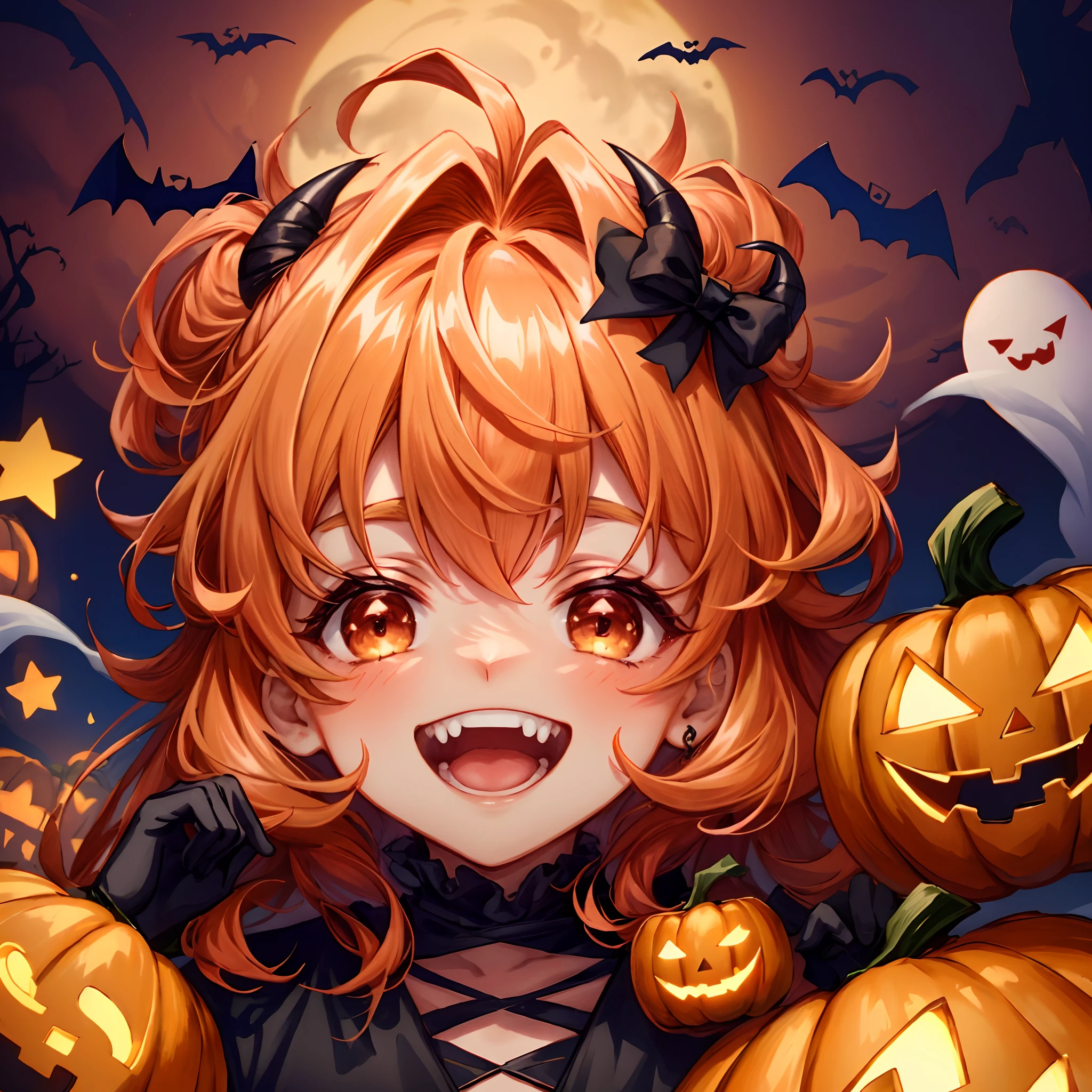 Devil, black devil, cute devil, anime illustration, ultra detailed, hyper sharp image, fangs. wavy curly long hair that’s an orangish brown, wearing rubber costume, halloween festival, jack o'lantern, ghost, happy smile, cute smile, red eyes, dark skin, eating pumpkin, chibi emote,