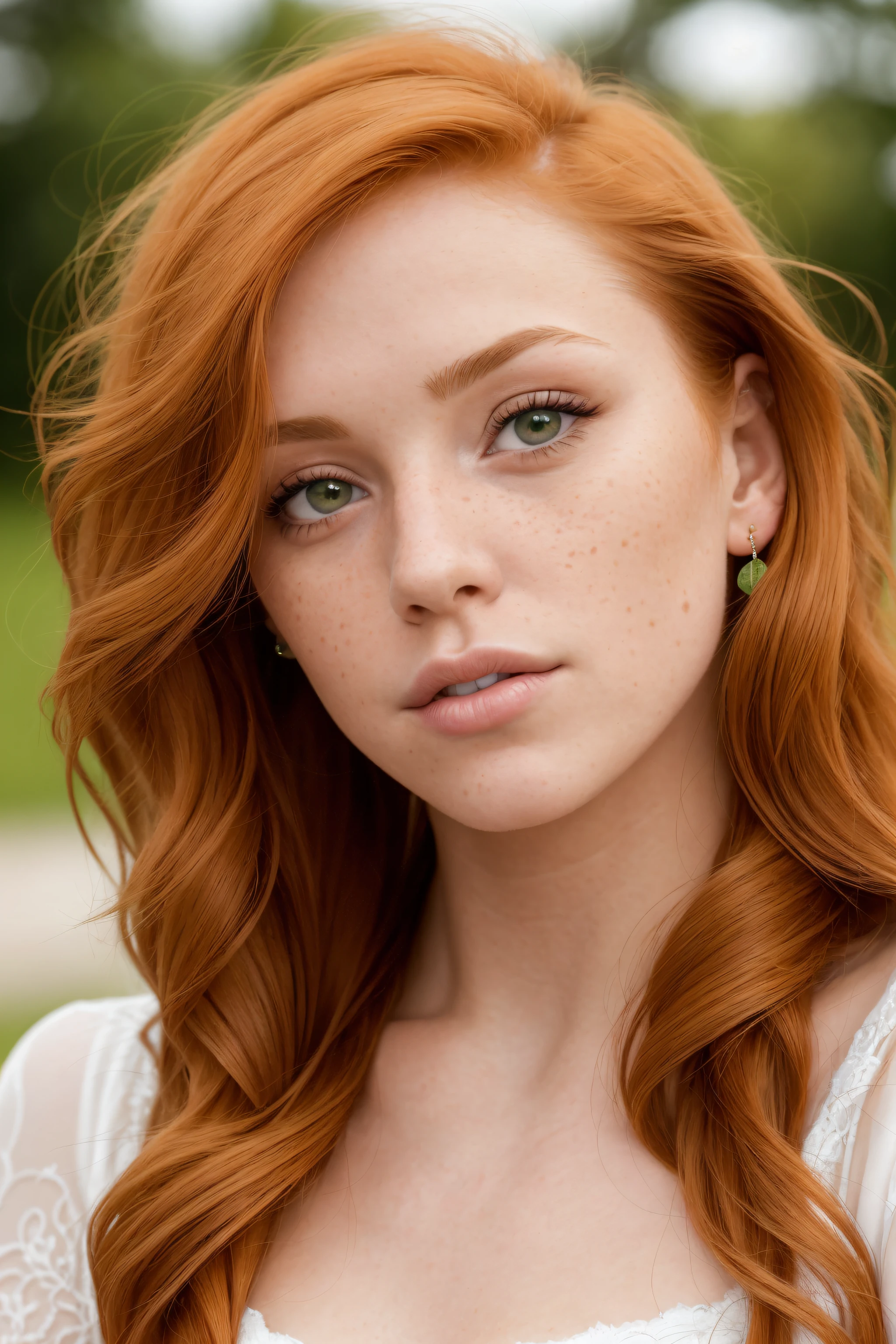 (close-up editorial photo of 20 yo woman, ginger hair, slim American sweetheart), (freckles:0.8), (lips parted), realistic green eyes, POV, realistic, film grain, 25mm, f/1.2, dof, bokeh, beautiful symmetrical face, perfect sparkling eyes, well defined pupils, high contrast eyes, ultra detailed skin, skin pores, vellus hair, fabric stitching, fabric texture, wood grain, stone texture, finely detailed features