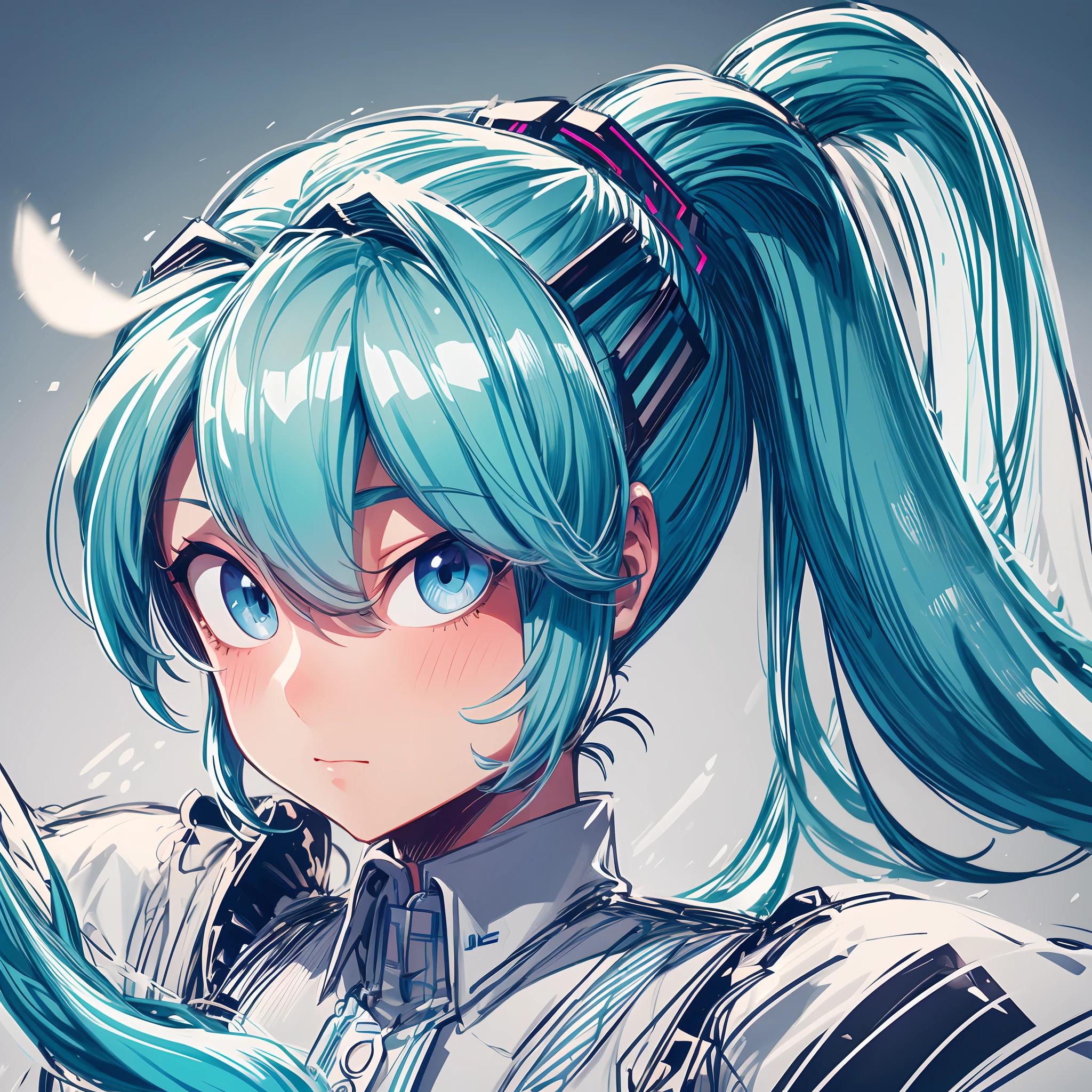 ultra detailed, masterpiece, best quality, solo, cowboy shot, facing viewer,sketch style , girl, ponytail, Hatsune Miku, vibrant colours, stylish blue and grey outfit,