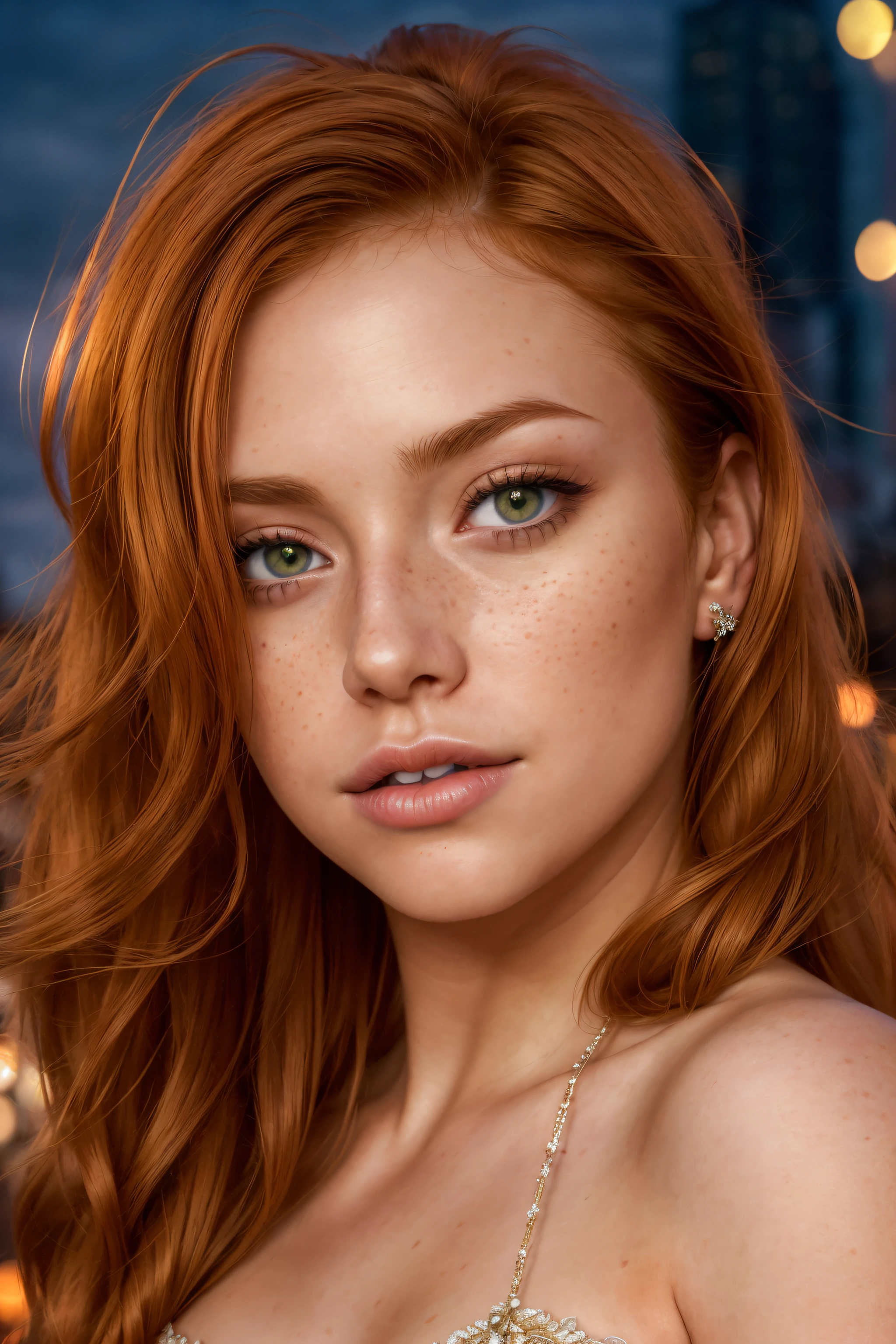 (close-up editorial photo of 25 yo woman, ginger hair, slim American sweetheart), (freckles:0.8), (lips parted), realistic green eyes, (catchlight in eyes), POV, realistic, film grain, 25mm, f/1.2, dof, bokeh, beautiful symmetrical face, perfect sparkling eyes, well defined pupils, high contrast eyes, ultra detailed skin, skin pores, vellus hair, fabric stitching, fabric texture, wood grain, stone texture, finely detailed features, ((background new york city at (night)))