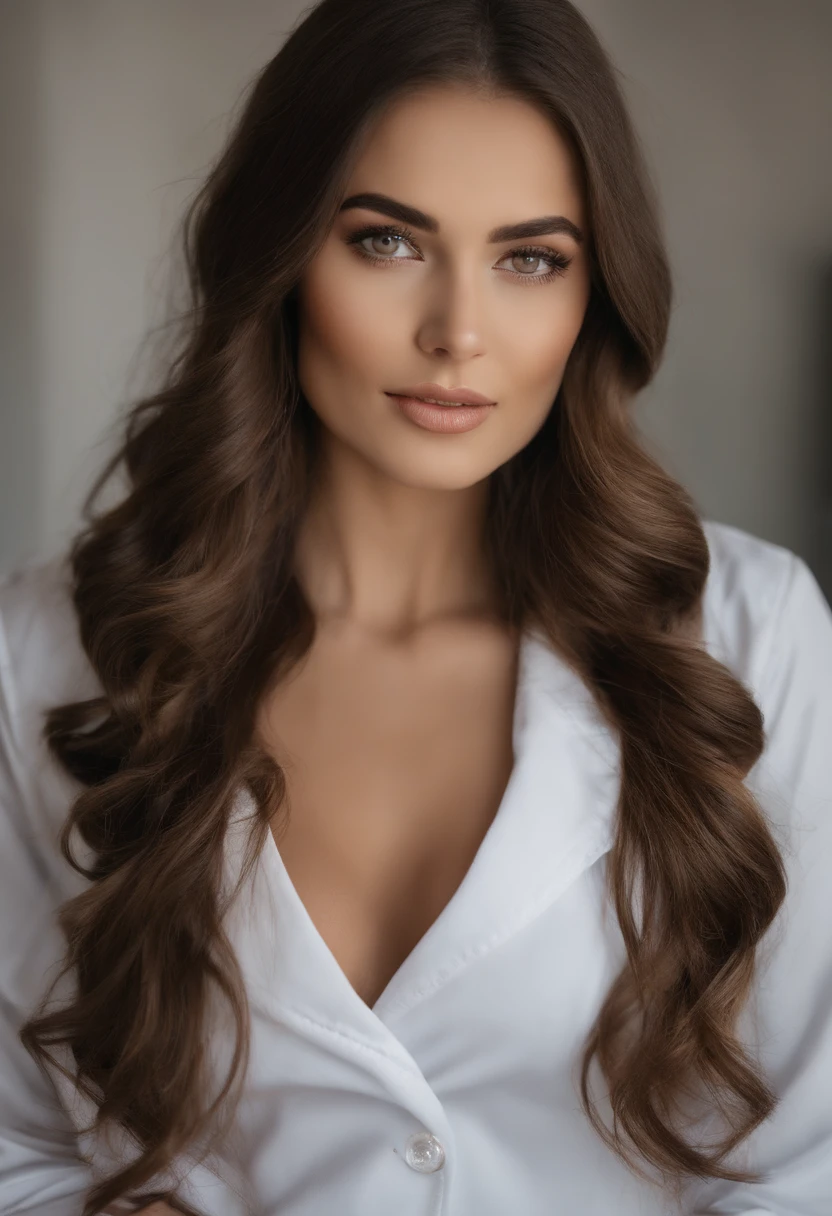 Femme en blouse de médecin, dans un hôpital.  avec des yeux noisette clairs, Portrait Sophie Mudd, cheveux bruns courts et grands yeux, selfie d&#39;une jeune femme, Yeux de chambre, Violette Myers, sans maquillage, maquillage naturel, regarder directement la caméra, Visage avec Artgram, maquillage subtil, Impressionante tiro de tout le corps, yeux verts perçants, bel angle, pose attrayante,  beau, pose sexy, imagem de tout le corps, tout le corps, tiro de tout le corps, déesse brune, Détails élevés, Pose satisfaite, Porter une blouse de médecin.