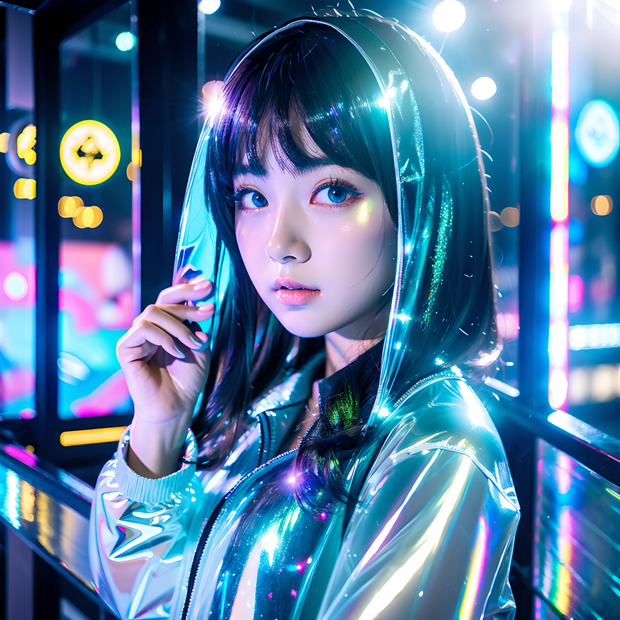 girl, Anime, Looking at Viewer, Bubbles, Highly detailed, Reflective Transparent, Iridescent Opaque Jacket, Long Transparent Iridescent RGB Hair - ar 3:2
