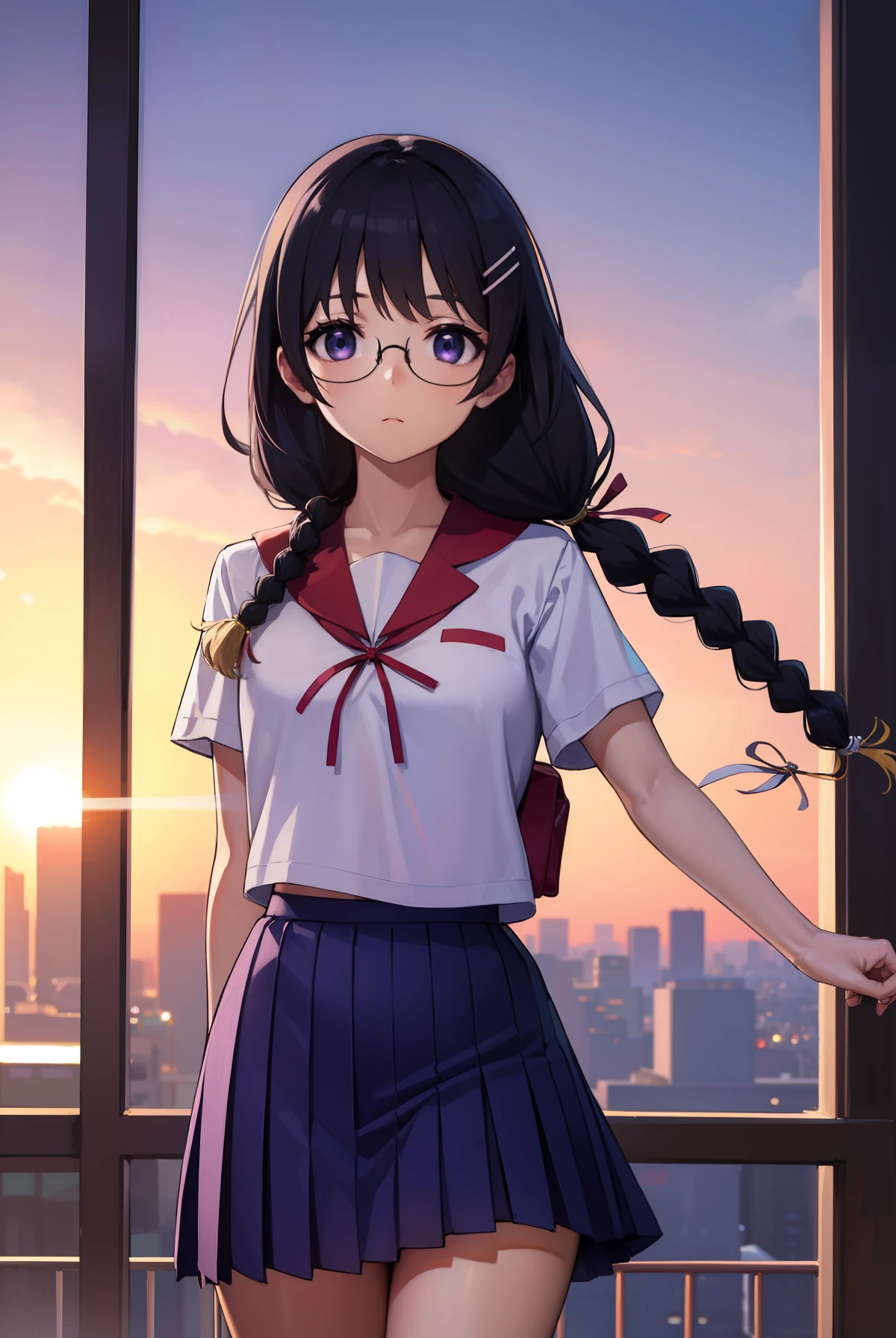 hanekawatsubasa, hanekawa tsubasa, cabelo longo, Cabelo preto, Hair Ornament, (olhos roxos:1.1), trança, grampos de cabelo, Twin tranças, naoetsu alto school uniform, copos,
QUEBRAR skirt, , naoetsu alto ,
QUEBRAR outdoors, cidade,
QUEBRAR looking at viewer, QUEBRAR (mesa:1.2), melhor qualidade, alta resolução, Papel de parede da unidade 8k, (ilustração:0.8), (lindos olhos detalhados:1.6), rosto extra detalhado, iluminação perfeita, extremamente detalhes CG, (mãos perfeitas, anatomia perfeita),