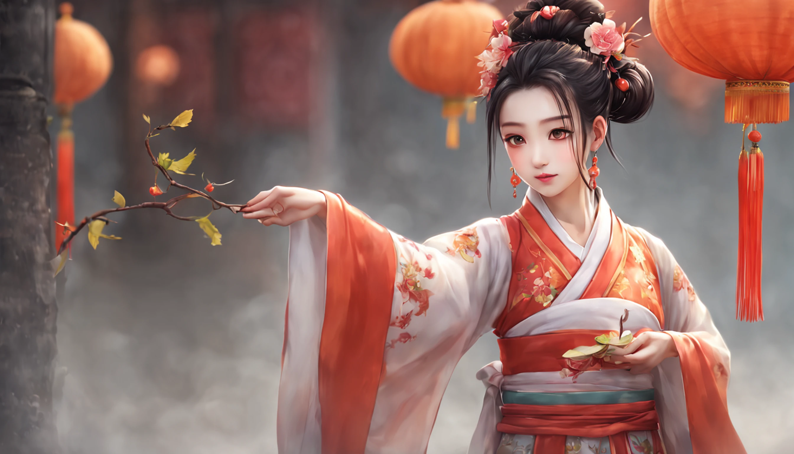China-style， and the Tang dynasty，Hanfu，beautiful and beautiful，a ball head，Grab a bunch of sugar gourds，Chang&#39;an&#39;s lively streets，frightful，Full body like，Detailed and accurate，depth of fields，8k,A high resolution,tmasterpiece,Beautiful wallpapers,high qulity,high détail,s the perfect face,offcial art,desfoque backgroun, --Niji 5 --Q 2