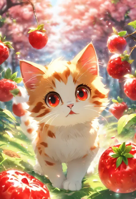 um vetor bonito de um gatinho com cereja, estilo anime, Estilo M Jenni, digital illustation, Approaching perfection, altamente detalhado, liso, foco nítido, illustration, 4k resolution