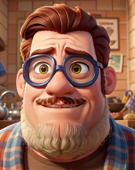 homem moreno 50 anos barba curta grisalha, cabelos grisalhos, Sobrancelhas Grossas, wearing goggles, Pixar Style Poster
