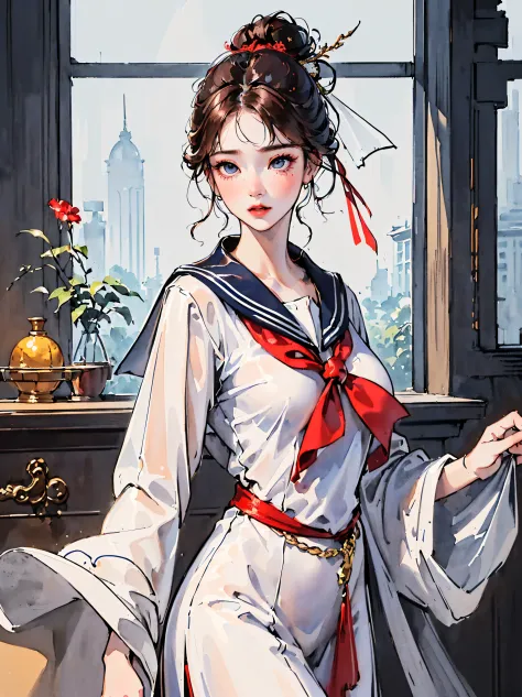 (((((((Chinese ink painting，dreamy watercolor painting,sakura dress,sailor uniform,sailor bow,Sailor collar，Delicate accessories...