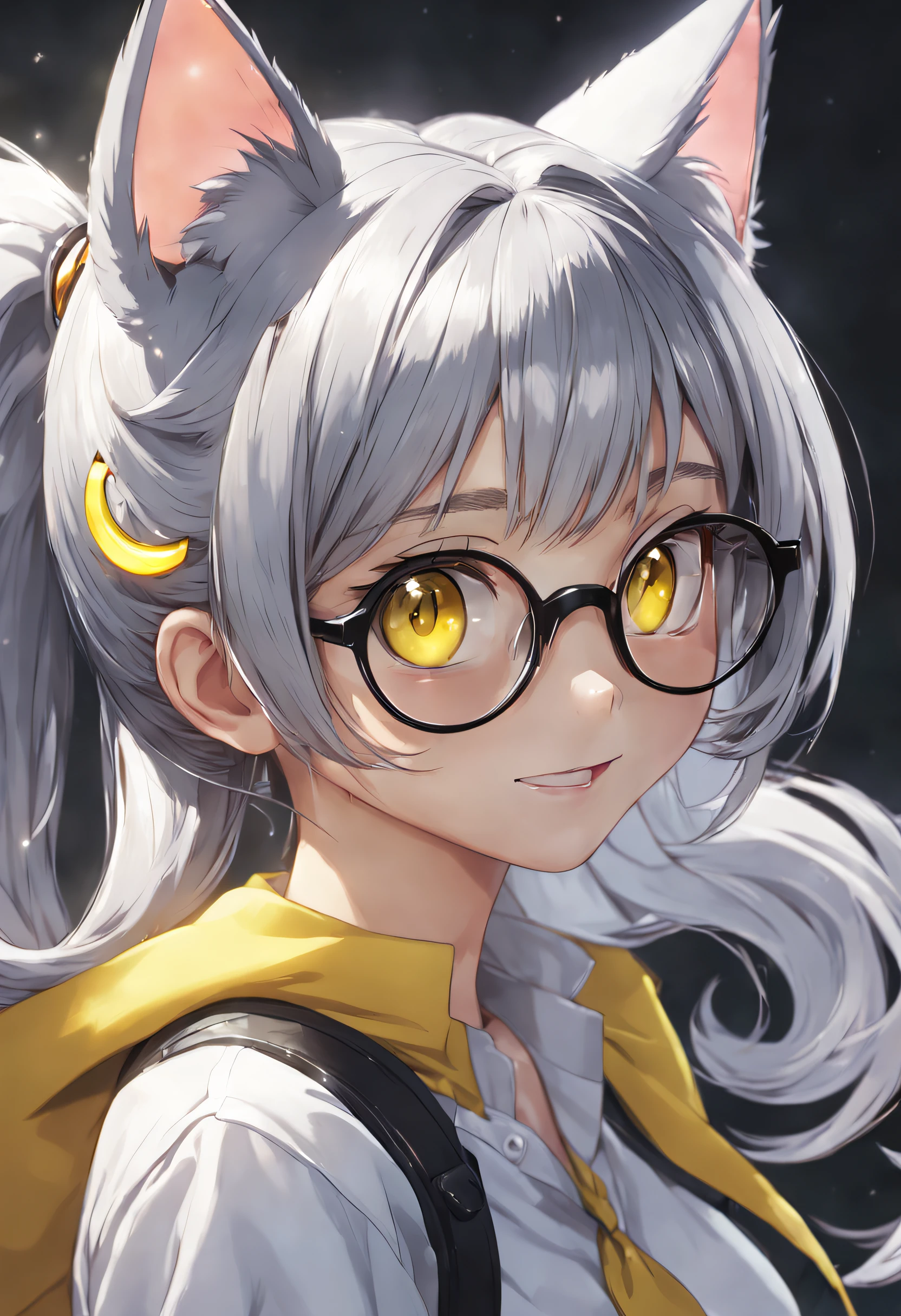 silver hair, long hair, ponytail, shiny hair, halo, yellow hairband, bespectacled, whistle around neck, multicolored eyes, star-shaped pupils, yellow eyes, animal ears, cat ears, light smile, shy, anime style, Surrealism, cinematic lighting, ray tracing, reflection light, glowing light, masterpiece, high details, best quality, textured skin, retina