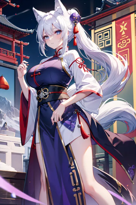 4k,hight resolution,One Woman,White hair,Short ponytail,Wolf ears,Wolf's tail,Blue eyes,Huge breasts,Ancient Chinese queen,Bright purple cheongsam,Chinese royal family
