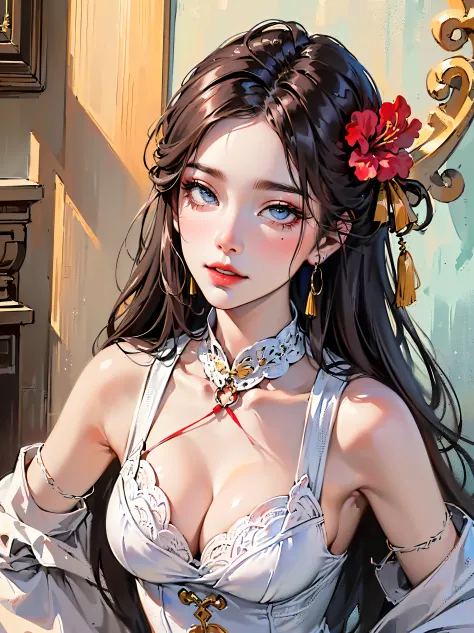 (((((((Chinese ink painting，dreamy watercolor painting,Traditional Chinese cheongsam,Delicate accessories，Luxurious accessories，，Beautiful qipao,Blushing,Watery cheeks,Natural curls,Disheveled hair,Natural ginger hair,double tails，A MILF，Fluffy clothes，bag...