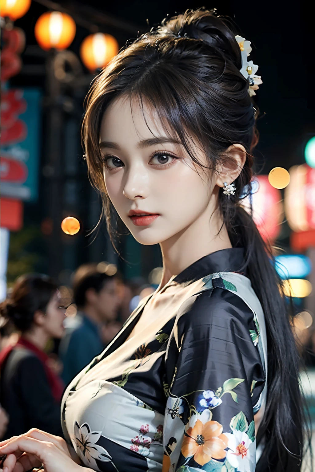 电影灯光，(((tmasterpiece))), ((best qualtiy)), ((intricate and detailed)), ((Ultra-realistic realism)), 4K,1beautiful woman, 25-years old, poneyTail,Ultra-fine yukata,beautiful countenance,Beautiful brown eyes,face perfect,A slender,large full breasts,having a good time, Large fishbowl , Swirling flocks of goldfish, Floating goldfish, Graphic illustration, see fishes swimming,A lot of goldfish, amazing depth, Cutest, Lots of fish balls,Goldfish scooping at a summer festival, (The background is the summer festival of the shrine:1.4), Silver hair, split ponytail, star-shaped pupils, conceptual art, Art Nouveau, Glowing light, nffsw, Textured skin, masutepiece, Anatomically correct, Best Quality, 8K