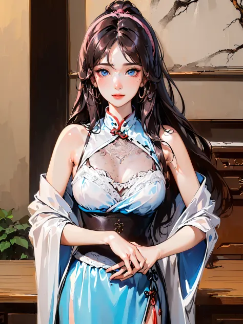 (((((((Chinese ink painting，Fantastic watercolor painting,Traditional Chinese cheongsam,cropped shoulders,Beautiful Hanfu,Blushing,Watery cheeks,Natural curls,Disheveled hair,Natural brown hair,double tails，A MILF，baggy clothes，Transparent cuffs，breast poc...