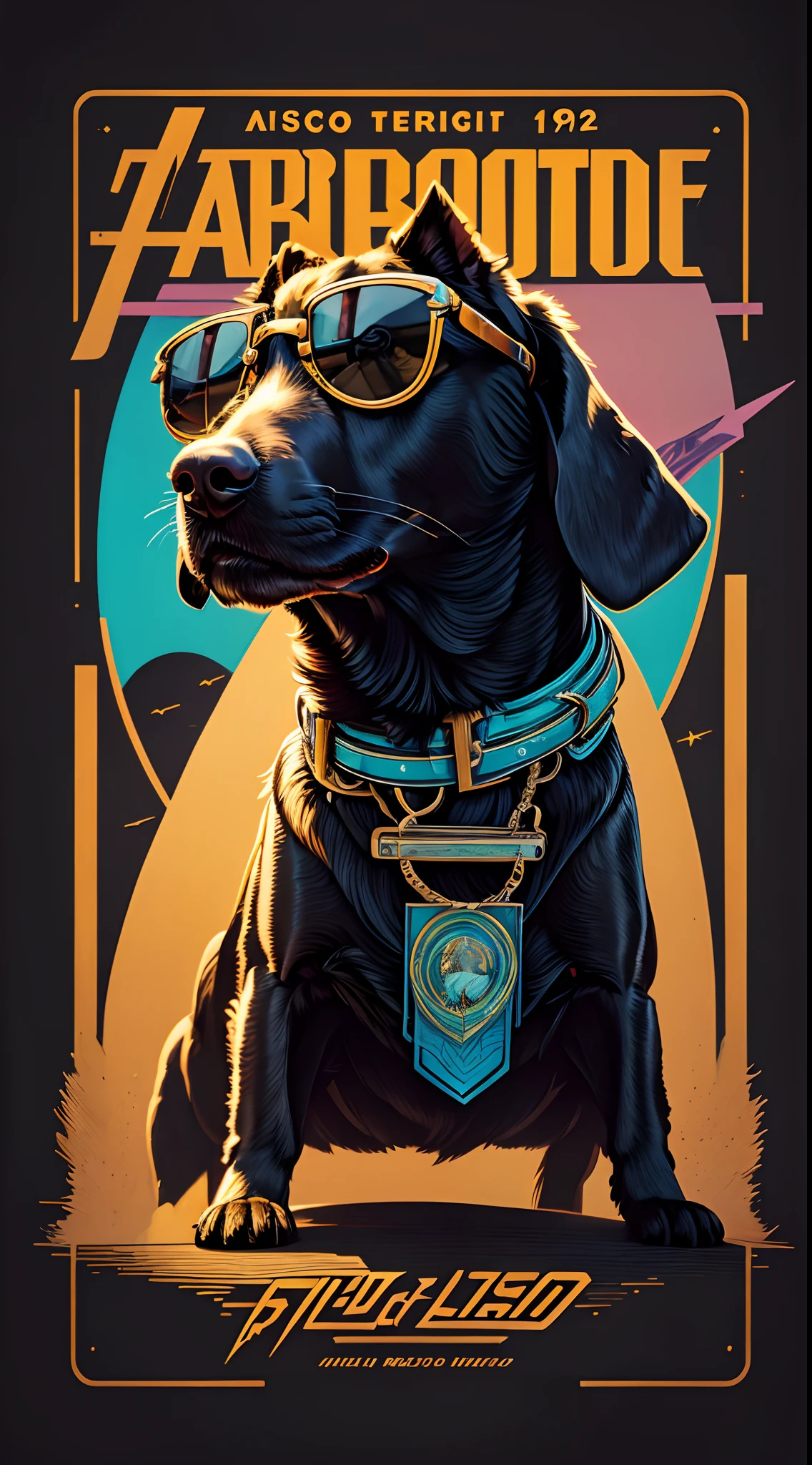 Un retrato retro-futurista de un labrador con un traje de heavy metal y gafas de sol, Alto detalle, Luz de fondo, Arte con aerógrafo de los años 80., aislado, fondo limpio, 8k,