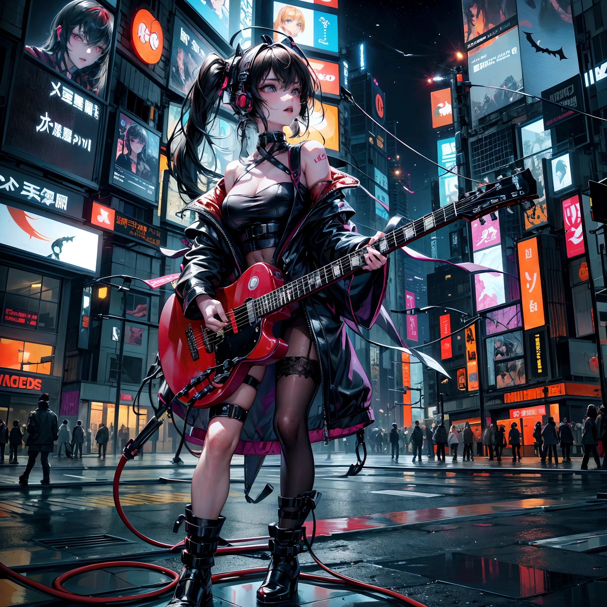 Cinematic lighting,super detailed skin、Beautiful detailed eyes、Best Quality,Perfect Anatomy,(Alternative、dim colors, Soothing tones:1.3),NSFW(Detailed beautiful facial features:1.3)Halloween Night Day、A cyberpunk girl who suddenly appeared at the intersection of modern Shibuya, （plays the guitar:1.6）Halloween: The center of the Shibuya scramble crossing、Sit in a chair、Highly detailed feet（Many humans surround her,I'm paying attention:1.8）fullllbody