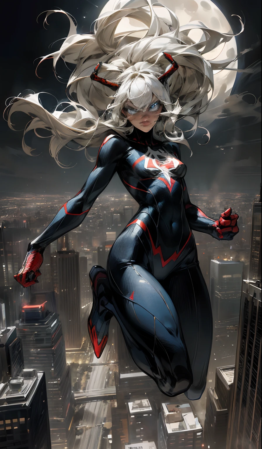 (Masterpiece, 4k resolution, ultra-realistic, very detailed), (White superhero theme, charismatic, there's a girl on top of town, wearing Spider-Man costume, she's a superhero), [ ((25 years), (long white hair:1.2), full body, (blue eyes:1.2), ((Spider-Man pose),show of strength, jumping from one building to another), ((sandy urban environment):0.8)| (cityscape, at night, dynamic lights), (full moon))] # Explanation: The Prompt mainly describes a 4K painting of ultra-high definition, very realistic, very detailed. It shows a superheroine at the top of the city, wearing a Spider-Man costume. The theme in the painting is a white superhero theme, the female protagonist has long white hair, is 25 years old and her entire body is shown in the painting. In terms of portraying the actions of superheroines, spiders are employed