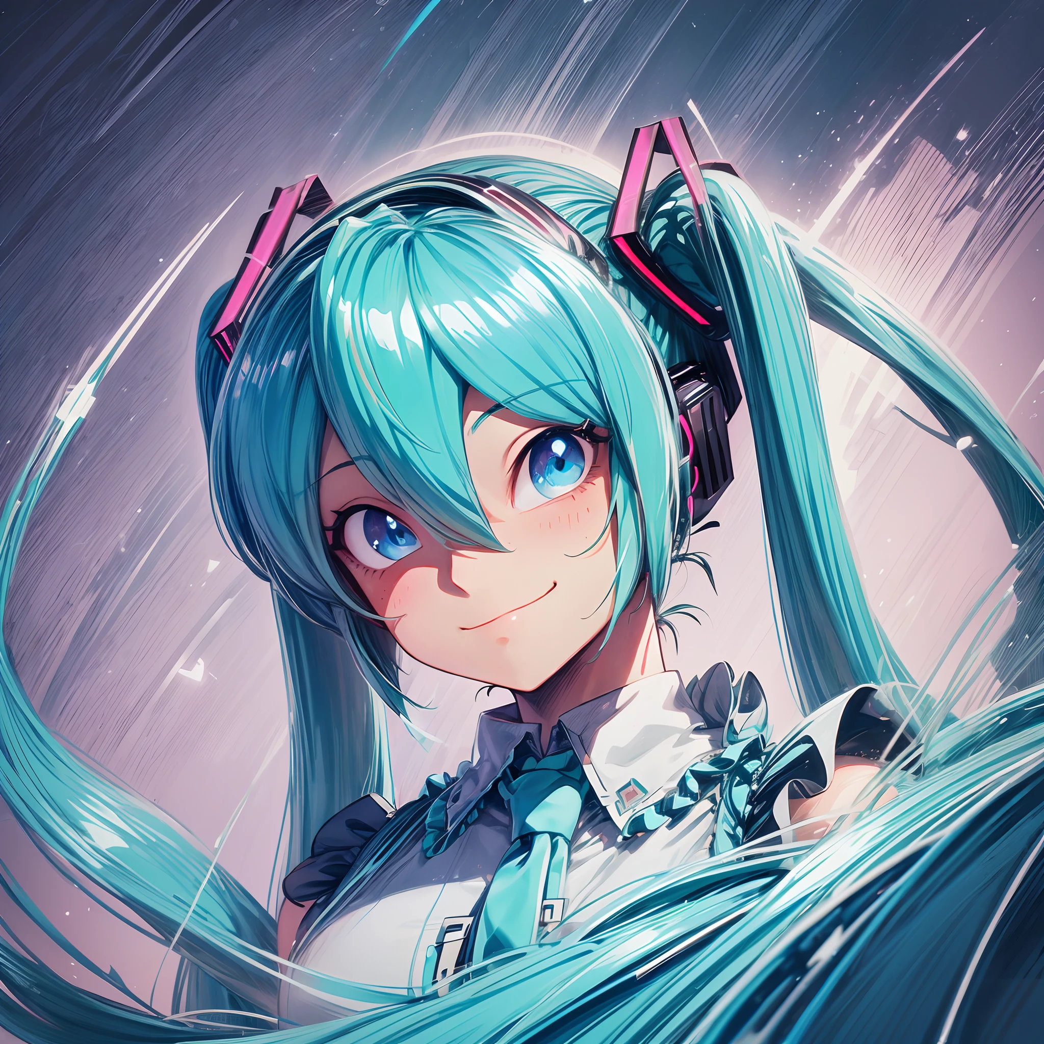 ultra detailed, masterpiece, best quality, solo, cowboy shot, facing viewer, soft smile, light smile, sketch style, 1girl,(Hatsune Miku:1.2),grey and blue dress, twin ponytails, beautiful, vibrant colours,light blue cyan hair,dark blue eyes, sparkling eyes