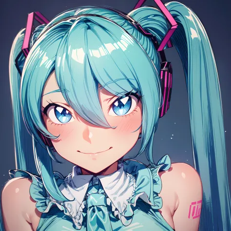 ultra detailed, masterpiece, best quality, solo, cowboy shot, facing viewer, soft smile, light smile, sketch style, 1girl,(Hatsune Miku:1.2),grey and blue dress, twin ponytails, beautiful, vibrant colours,light blue cyan hair,dark blue eyes, sparkling eyes